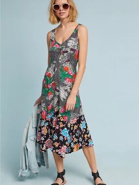 Maeve Black Floral Mixed-Print Midi Dress
